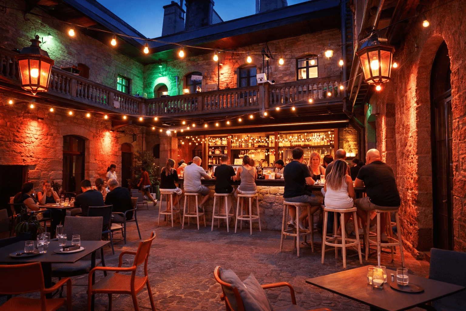 Bar avec comptoir et tabourets hauts en ambiance soirée